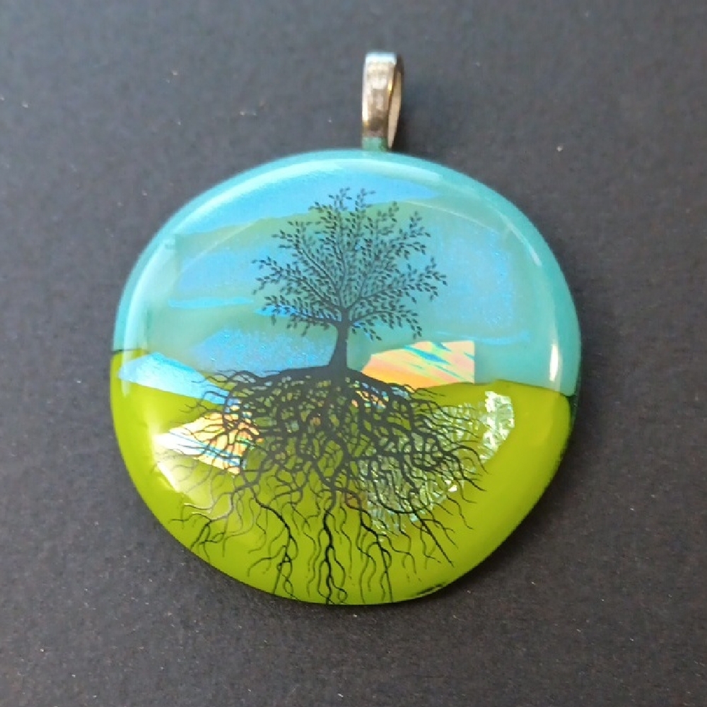 Tree of Life Pendant in Blue and Green Dichroic Glass Handmade
